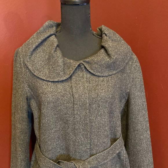Vintage Cynthia Rowley Gray Tweed Wool Blend Coat with Ruffled Collar XL - Picture 2 of 12